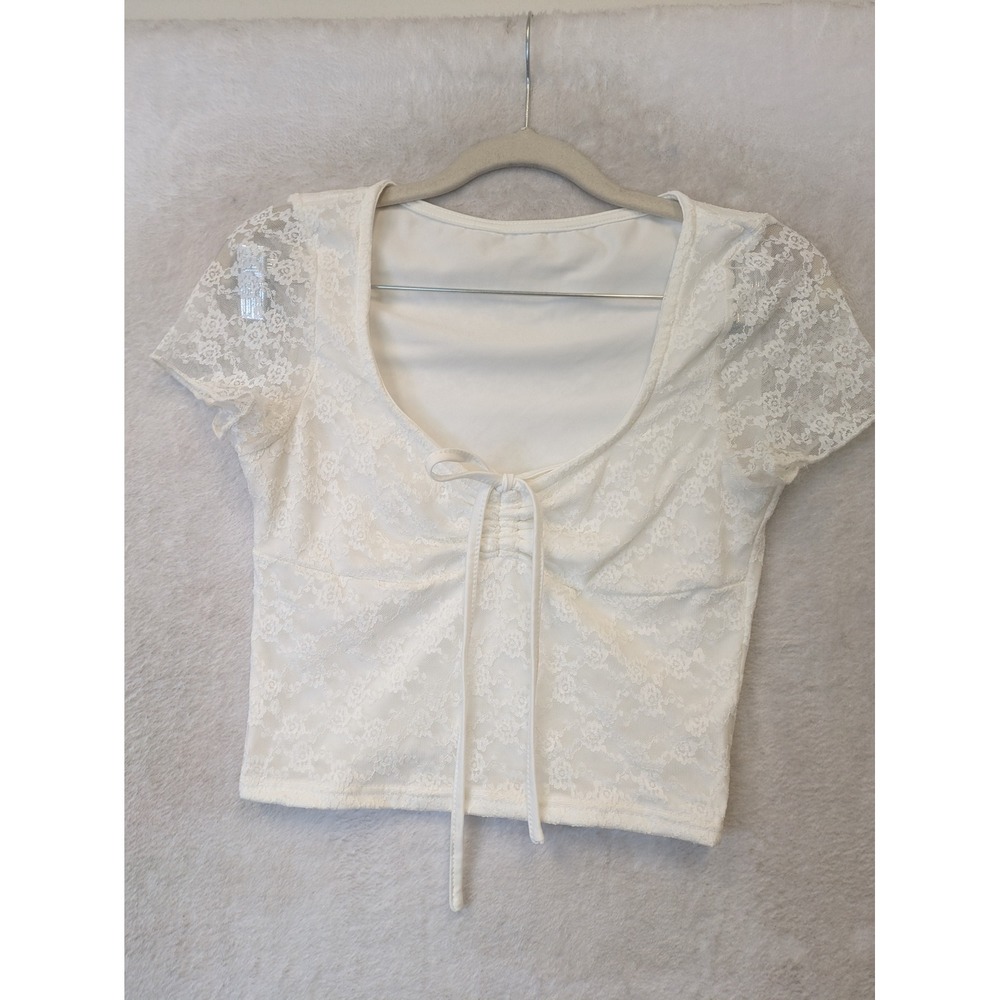 SHEIN Lace Crop Top Women's S White Tie Front Short Sleeve Floral‎ Romantic
